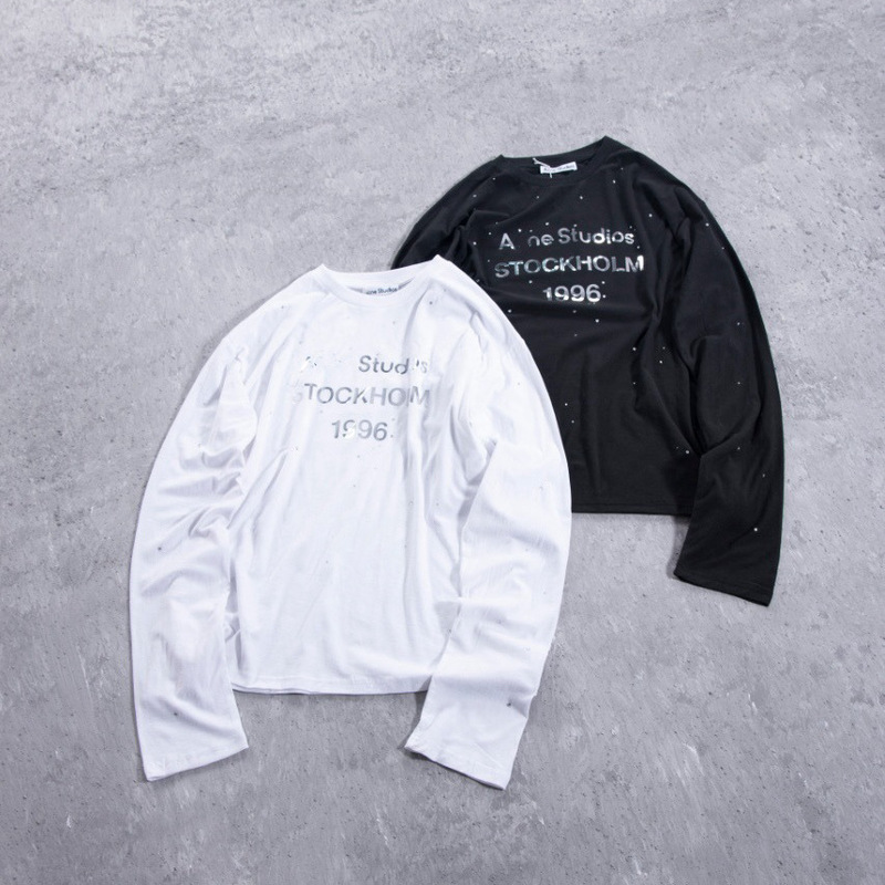 Authentic Ac 1996 Style Rhinestone Long-Sleeve T-Shirt, North America Exclusive Liquid Silver Letter Pullover Top for Men and Women Authentic Ac 1996 Style Rhinestone Long-Sleeve T-Shirt, North America Exclusive Liquid Silver Letter Pullover Top for Men and Women
