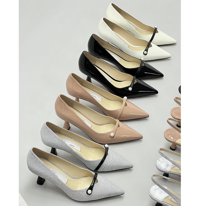 High-end Spring and Summer New Genuine Leather Pearl Buckle Pointed Flower High-heeled Shoes Small Retro Ancient Slip-on Shallow Mouth Shoes