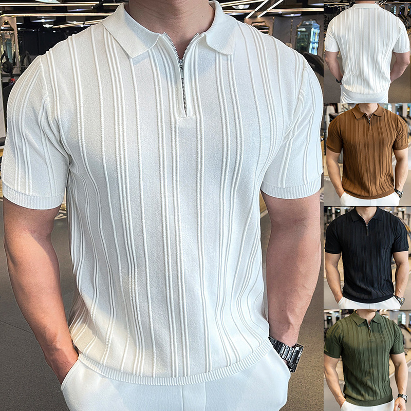 Polo camiseta de punto camiseta de manga corta hombre solapa media cremallera rayas viejas camisetas de hielo de viento de verano fábrica transfronteriza al por mayor