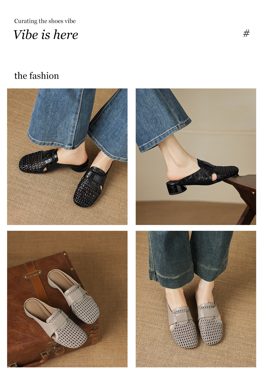 Sandal nữ quai chữ V mũi kín phong cách vintage gót thấp — đen chi tiết 1