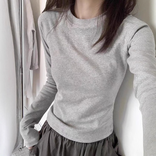 American Shoulder Grey Long-sleeved T-shirt Women's Spring Autumn and Winter Inner Base Shirt Super Nice Slim-fit Short Velvet Top