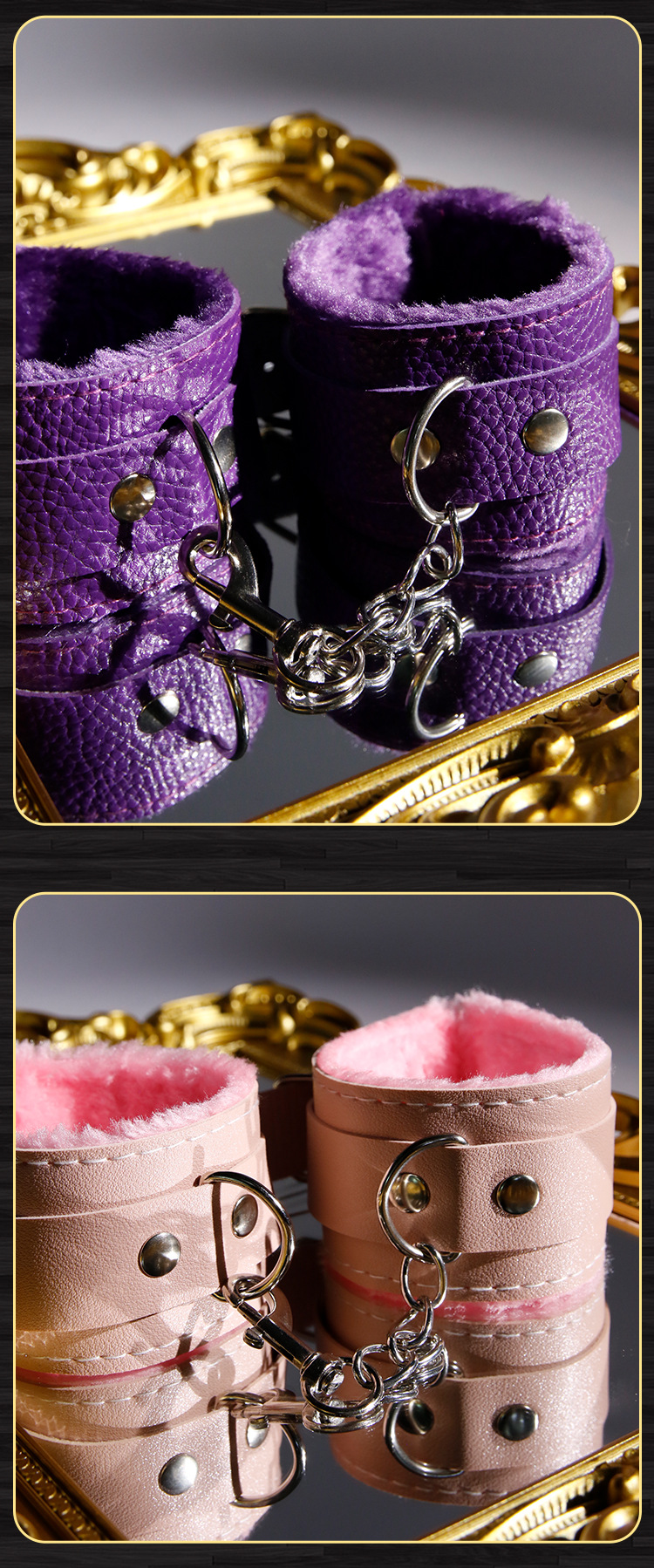 Plush Bondage Handcuffs with Metal Chain, Faux Leather Cuffs for Couples — detail image 32