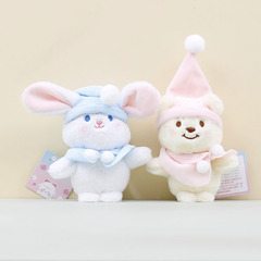 かわいい萌えクリスマス帽子熊ストラップアニメぬいぐるみウサギのぬいぐるみバッグに飾られた人形のキーホルダー