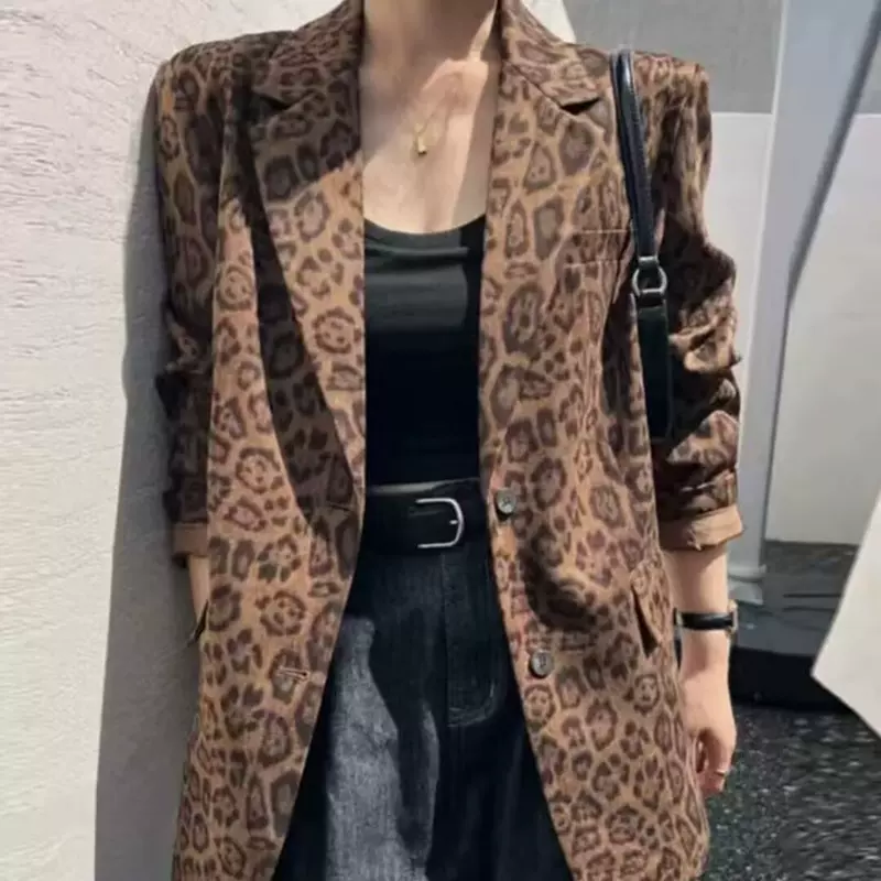 港风复古豹纹西装外套女2025春季新款时尚百搭设计感显瘦西服上衣