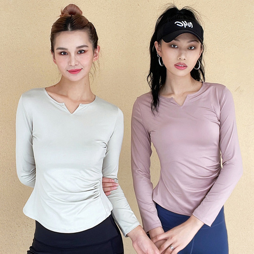 2024 Spring New Long-Sleeve Slimming Bare-Fit Sports T-Shirt Running Quick-Dry Fitness Top Creased V-Neck Yoga Top for Women