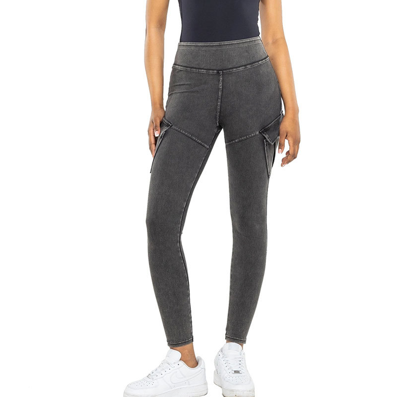 Cruz-frontera exclusivo multi-Bolsillo yoga Denim fitness pantalones mujeres de la cadera plisada crisantemo apretado desgaste exterior trajes Casuales