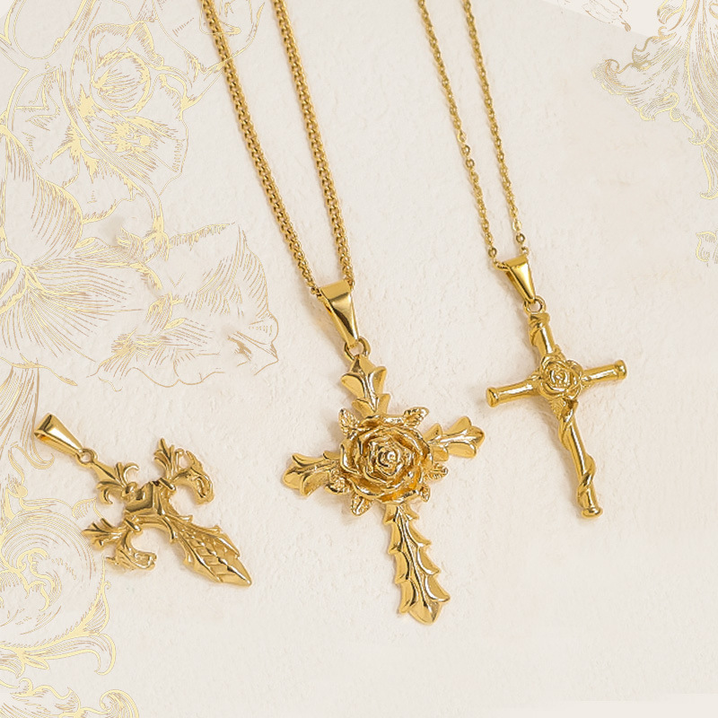 Colgante de cruz de rosa vintage AliExpress no desvanecerse transfronterizo acero de titanio chapado en oro 24K joyas transfronterizas ventas calientes