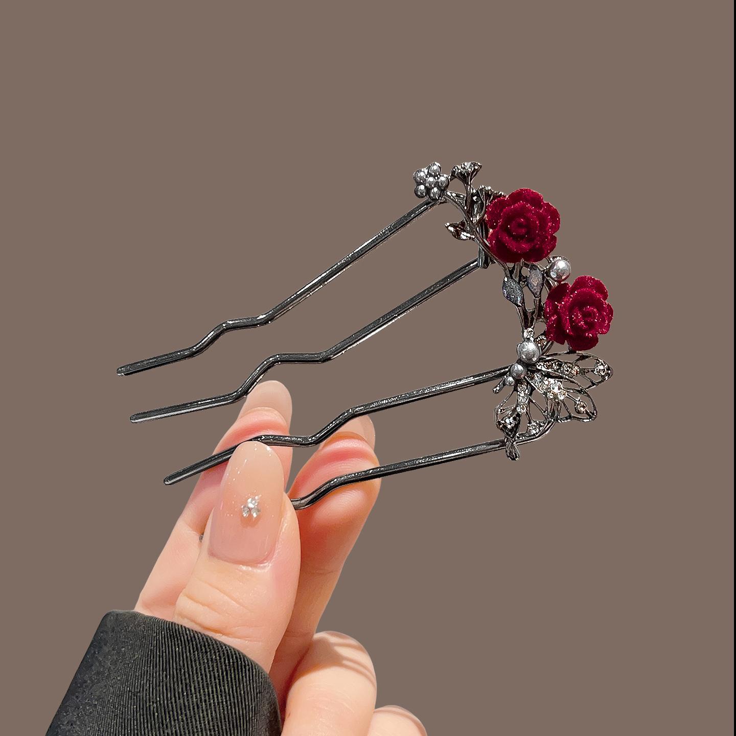Gun black butterfly velvet flower hairpin