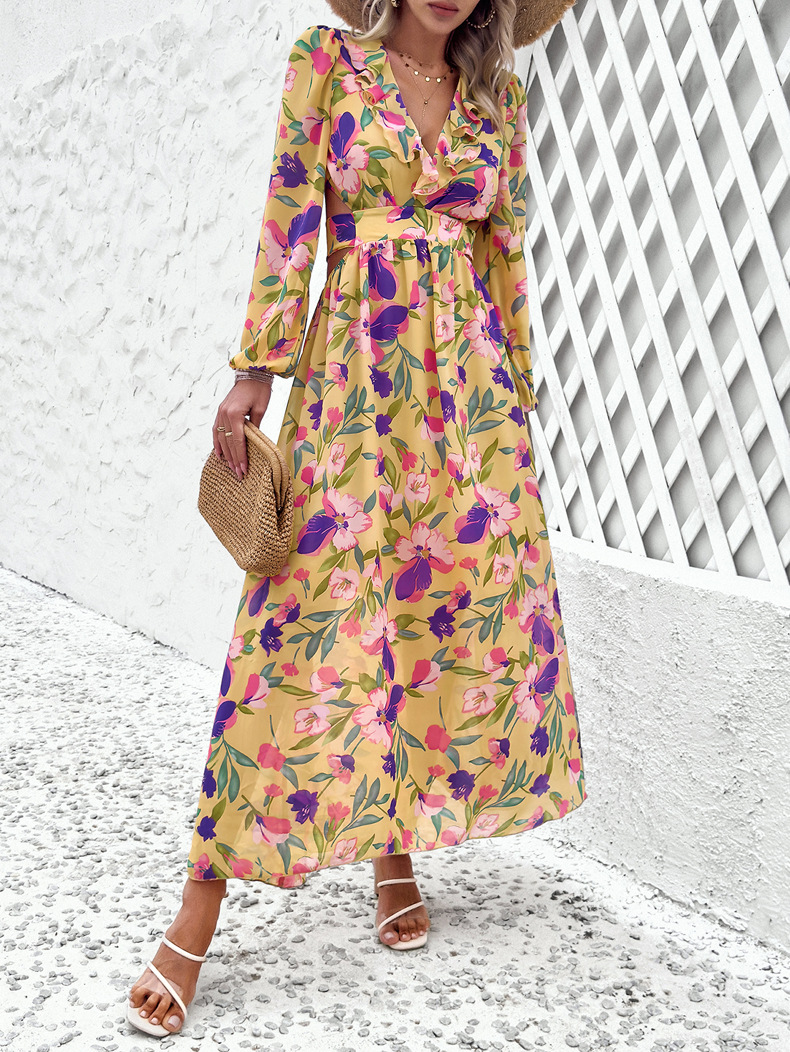 Women's Regular Dress Vacation V Neck Printing Long Sleeve Flower Maxi Long Dress Daily Beach display picture 9