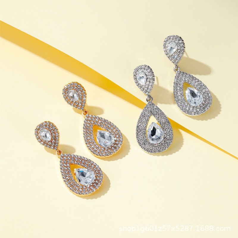 超闪精致满钻大气长款水滴形耳坠欧美夸张个性时尚耳钉