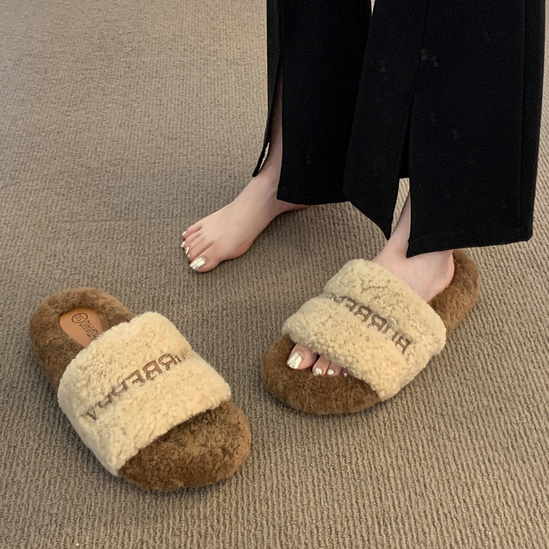 Furry slippers for women's outer wear 2023 new style fashionable lamb wool comfortable and versatile thick-soled one-line letter trendy slippers_voghion.com