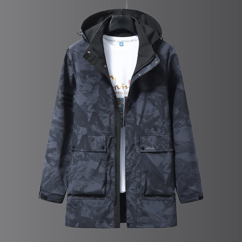 春秋季新款加肥加大码潮流时尚男士迷彩中长款连帽风衣夹克外套