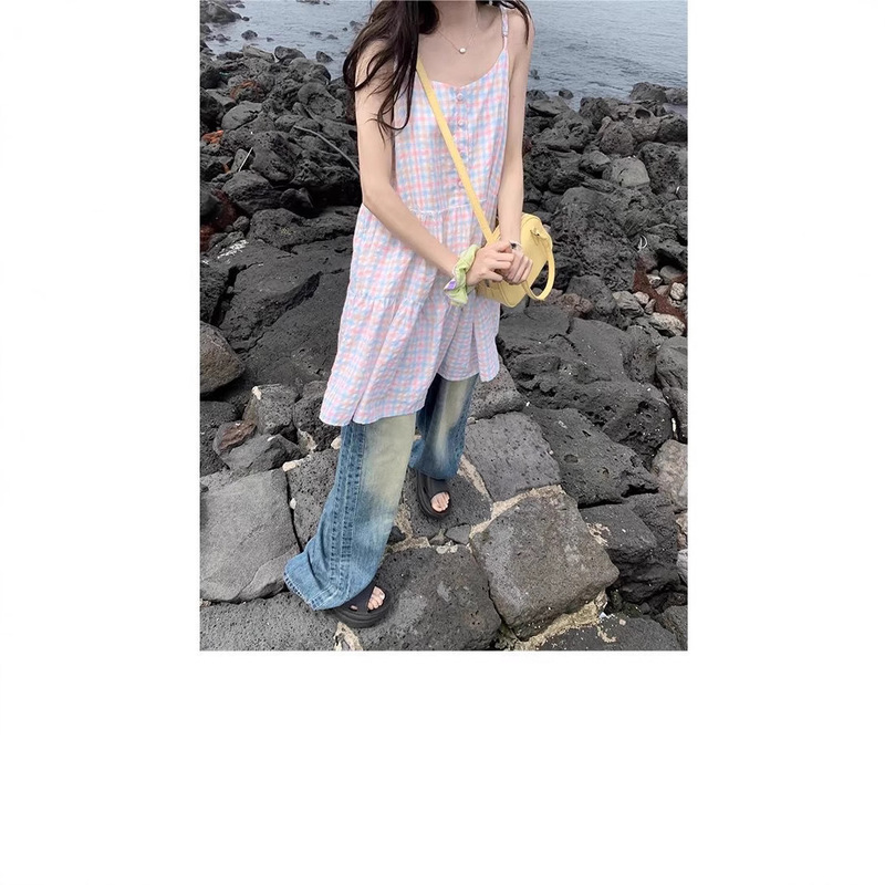 2025 Summer New Korean Style Sweet Fresh Loose Slimming Plaid Slip Skirt Doll dress Skirt