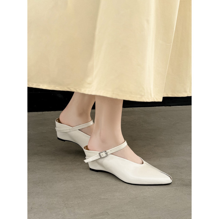 Sandal nữ hở mũi gót nêm cao da bò tăng chiều cao quai ngang — màu đen, màu trắng, màu mơ chi tiết 86