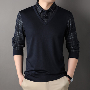 Dad wear spring and autumn long-sleeved T-shirt middle-aged and elderly men's casual pullover bottoming shirt autumn fake two-piece Top clothes