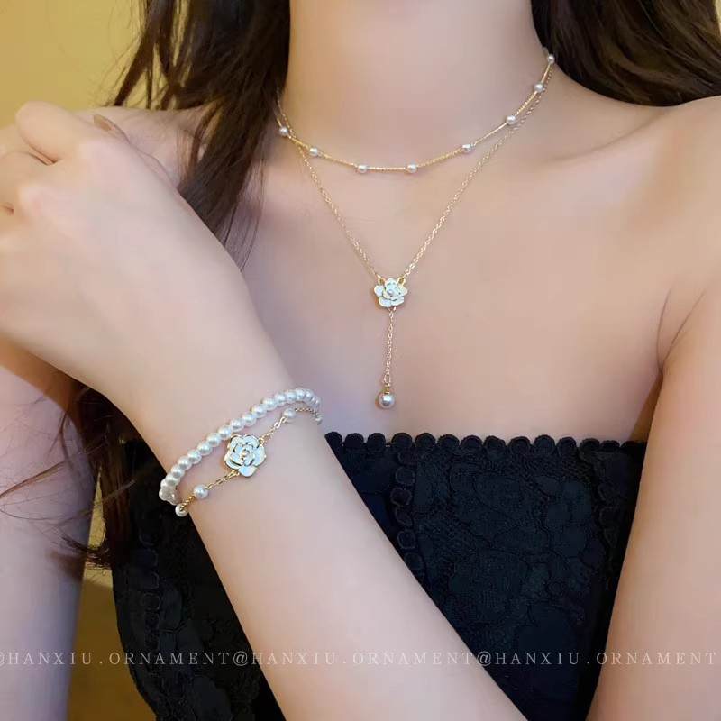 轻奢小众设计感双层流苏珍珠项链女超仙气质山茶花锁骨链花朵颈链