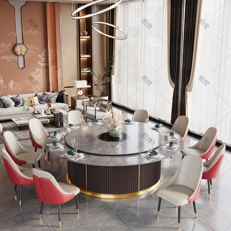 Mesa y silla de comedor de roca de hotel comercial, gran mesa redonda con olla caliente, caja de horno electromagnético, mesa de comedor de villa eléctrica de 3 metros