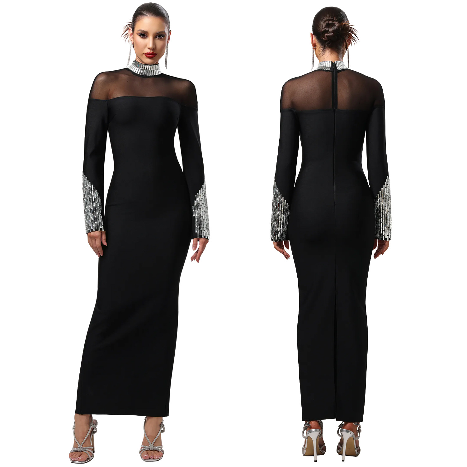 C7592 Aliexpress transfronterizo Amazon Europa y América de moda moda de mujer temperamento de cuello alto diamante caliente exquisito vestido de alta calidad image 6