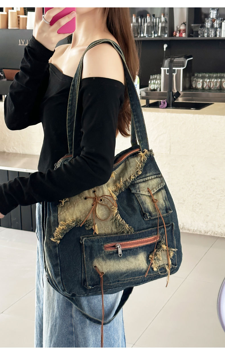 Women's Large Denim Solid Color Vintage Style Streetwear Zipper Crossbody Bag display picture 4