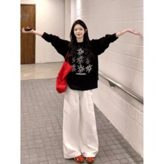 韩系纯棉T恤女复古太阳花印花打底上衣春秋季大码慵懒感打底长袖