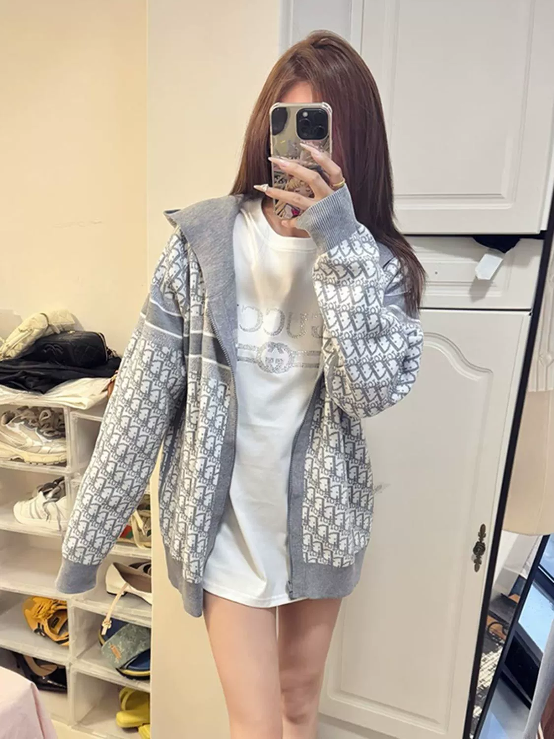 快手网红同款秋冬热销款针织开衫外套女字母提花收腰显瘦长袖上衣