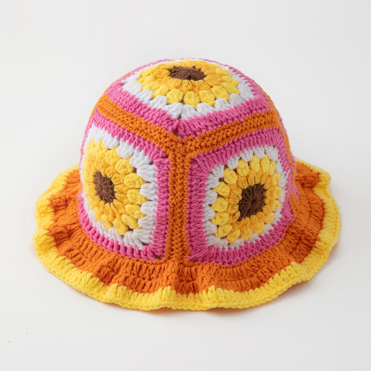 Cappello da pescatore a forma di girasole lavorato all'uncinetto a mano con motivo in pizzo, berretto rotondo in stile boho vintage per autunno e inverno, cappello retrò patchwork_voghion.com