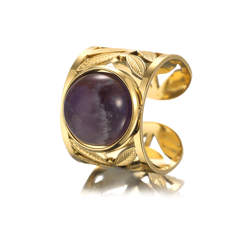 INS nuevo anillo de acero inoxidable de oro 18 quilates hueco hoja de piedra natural elíptica personalidad simple anillo en stock