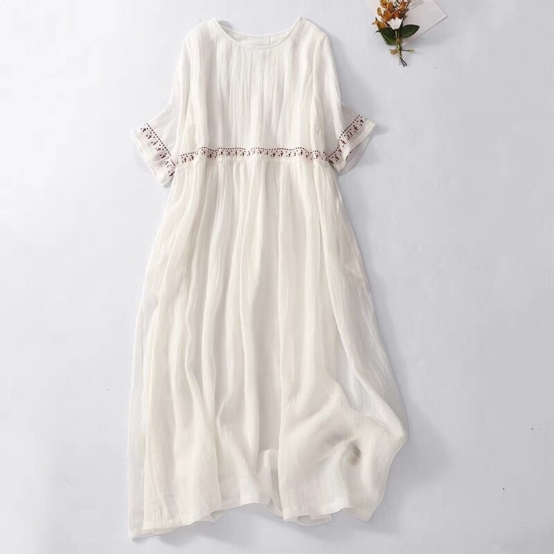 2026 Summer Plus Size High-End Dress for Plus-Size Women, Artistic Retro Loose Embroidered Cotton-Linen Flared Short-Sleeve Mid-Length Dress
