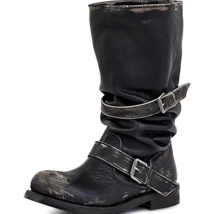 Bốt nữ da bò thật xử lý giặt màu phong cách retro, khóa thắt lưng, cổ trung, gót vừa 3–5 cm — Kaki, Màu nâu, Màu đen (màu chà xát)