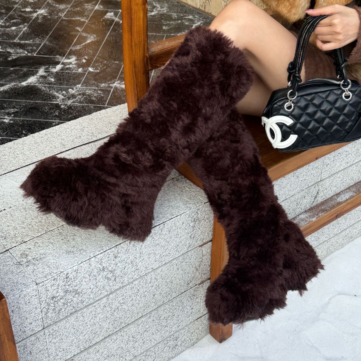 2025新款冬季时尚羊卷毛毛外穿高筒骑士厚底不过膝女长靴