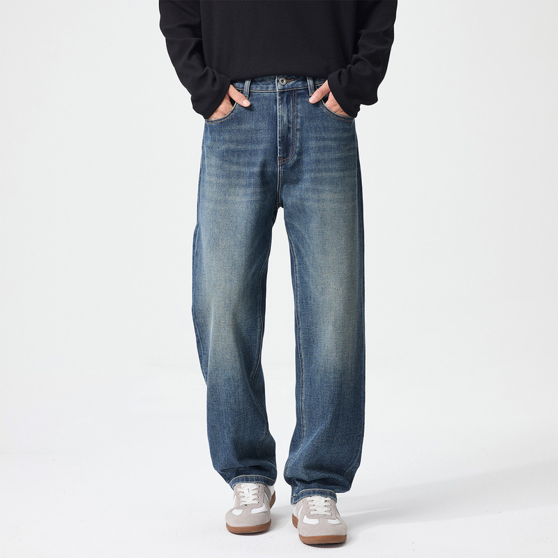 Men's four-way stretch straight-leg jeans, autumn washed distressed pants, 2026 new vintage loose casual pants
