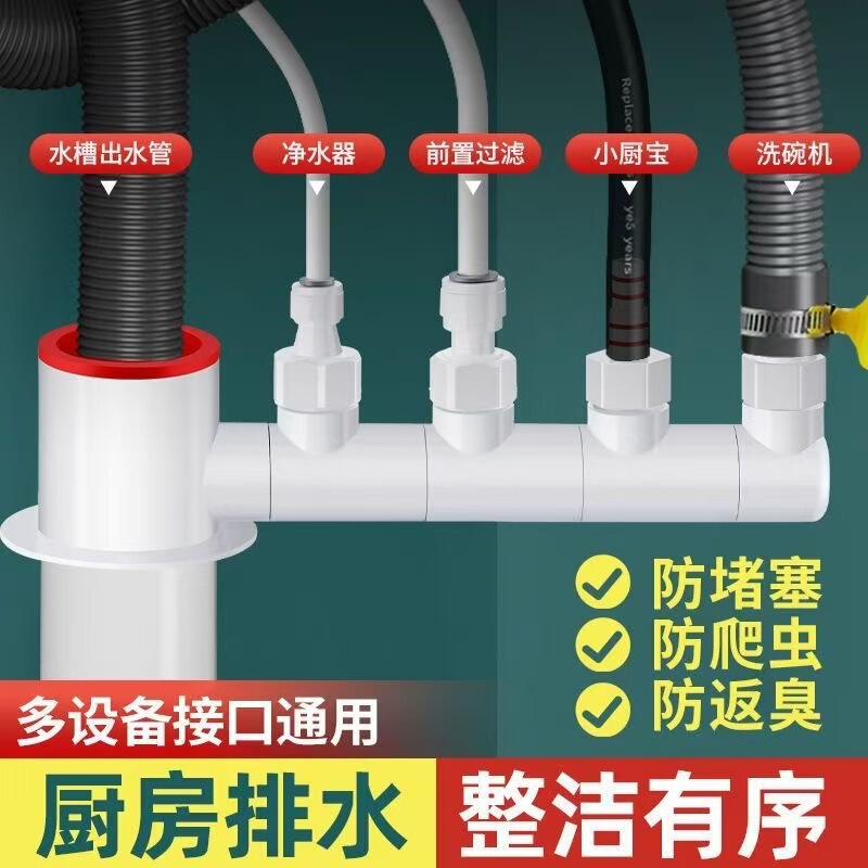 Washing machine dryer drain pipe two-in-one deodorant balcony dryer washing and drying suit drain three-head connector