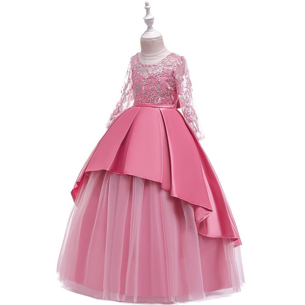 Vestido largo para niños ins vestido de princesa bordado de malla nuevo vestido de novia de manga larga para niñas fregona larga