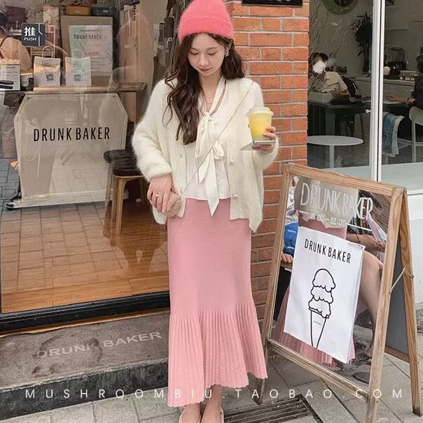 针织百褶半身裙女秋冬季新款小个子高腰显瘦中长款a字伞裙鱼尾裙