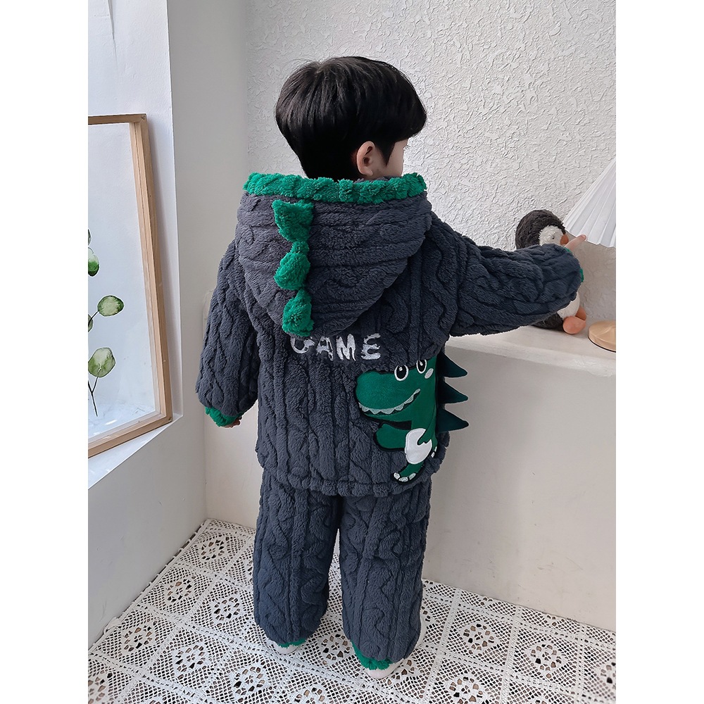 2026 Kidsren's Pajamas Boys Winter 2026 New Thickeneded Quilted Three-Layer Dinosaur Baby Coral Velvet French Horse Year