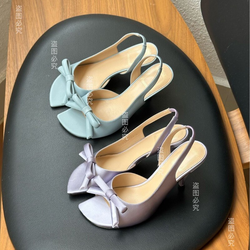 Dongguan Goods 26 New D Brand Bowknot Open-Toe Sandals French Style Sheepskin Satin Square Toe Thin Heel Backless High Heels for Women