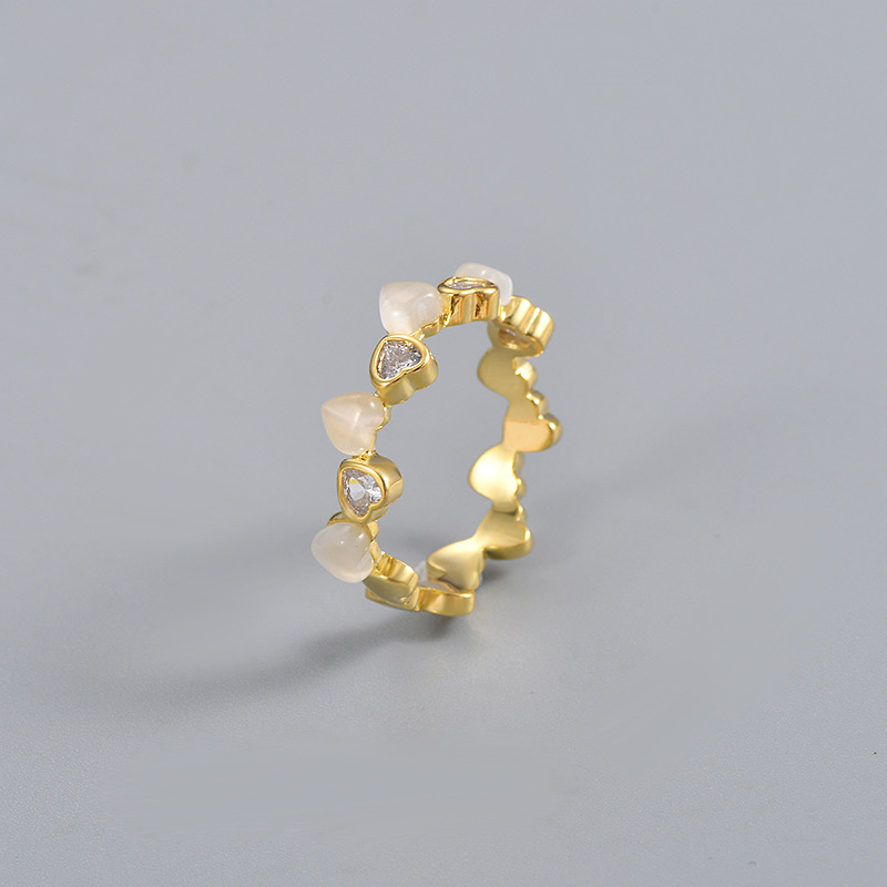 Heart Shape Pattern Wholesale Jewelry Fashion Heart Shape Copper Cat's Eye Stone Zircon Plating Rings