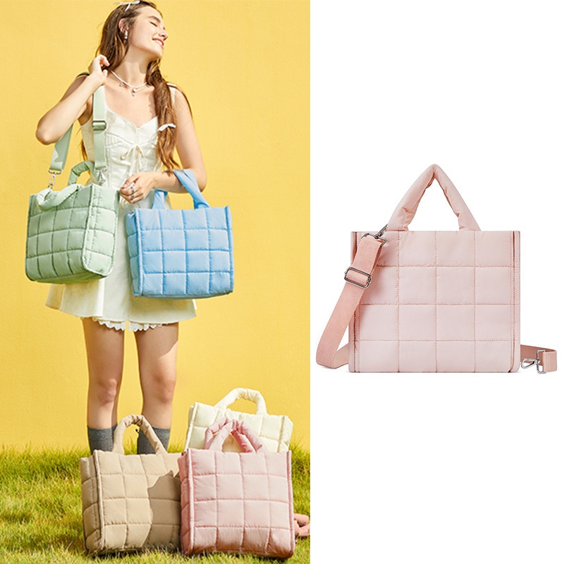 New Square Grid Quilted Diagonal Cross Bag Soft Filled Cotton Handbag Lightweight Fluffy Shoulder Bag Suitable for Travel