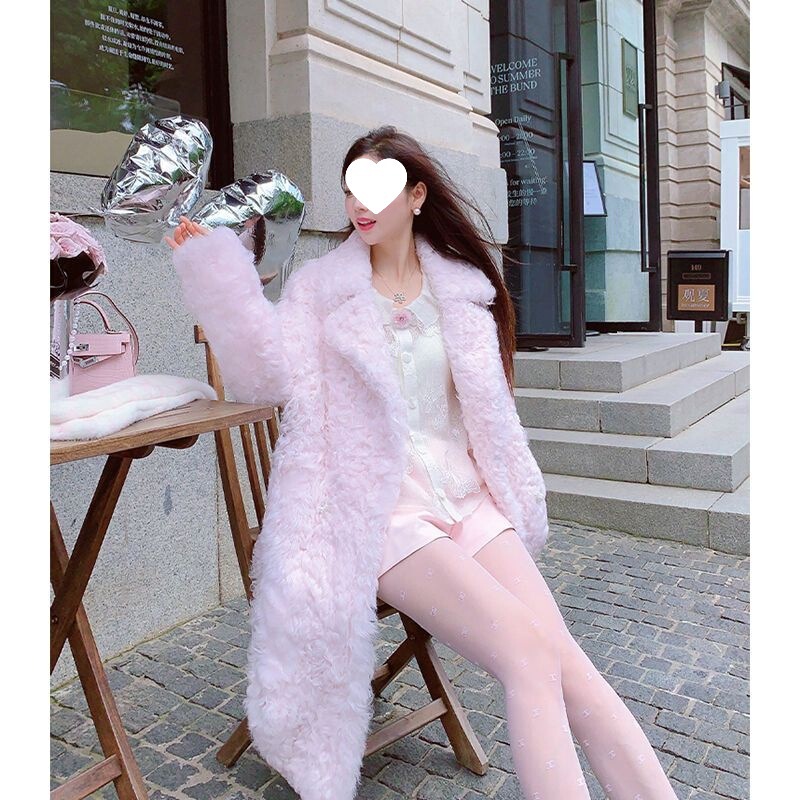 French Small Lake Goatskin Fur All-In-One Fur Outwear for Women Winter Teddy Pink Mid-Length Outwear Fashion