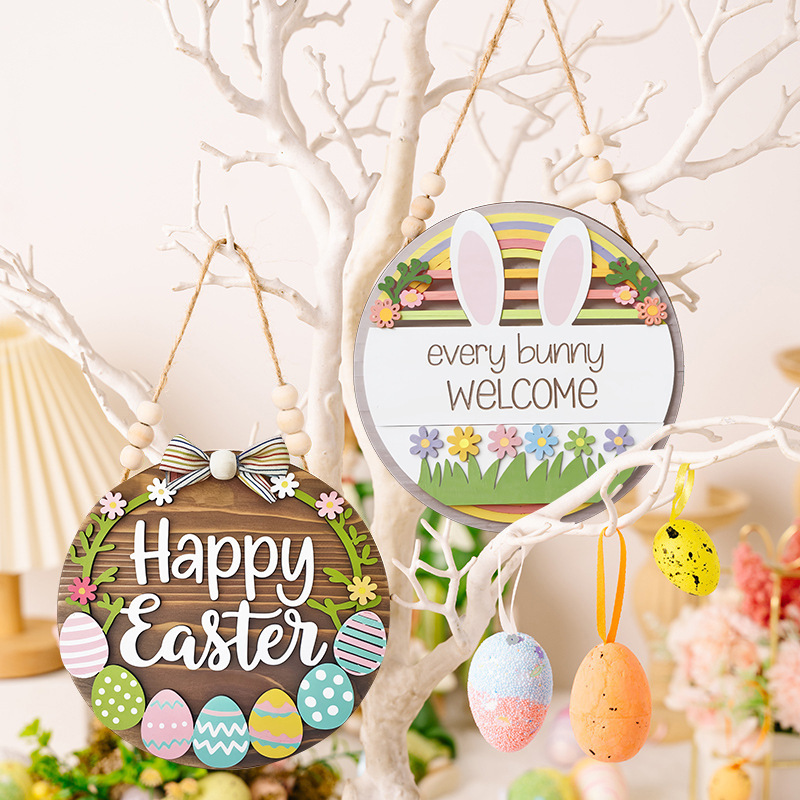 Cross-Border New Product Easter Decoration Hanging European and American Country Farmhouse Letter Egg Rabbit Wooden Front Door Pendant