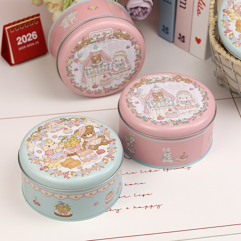New small size 135 Round Cookie Iron Box Cute Rabbit Cat Candy Biscuit Packaging Tin Pot