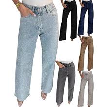 D8751 外贸欧美亚马逊女装满钻水洗牛仔裤女士高腰直筒裤辣妹长裤