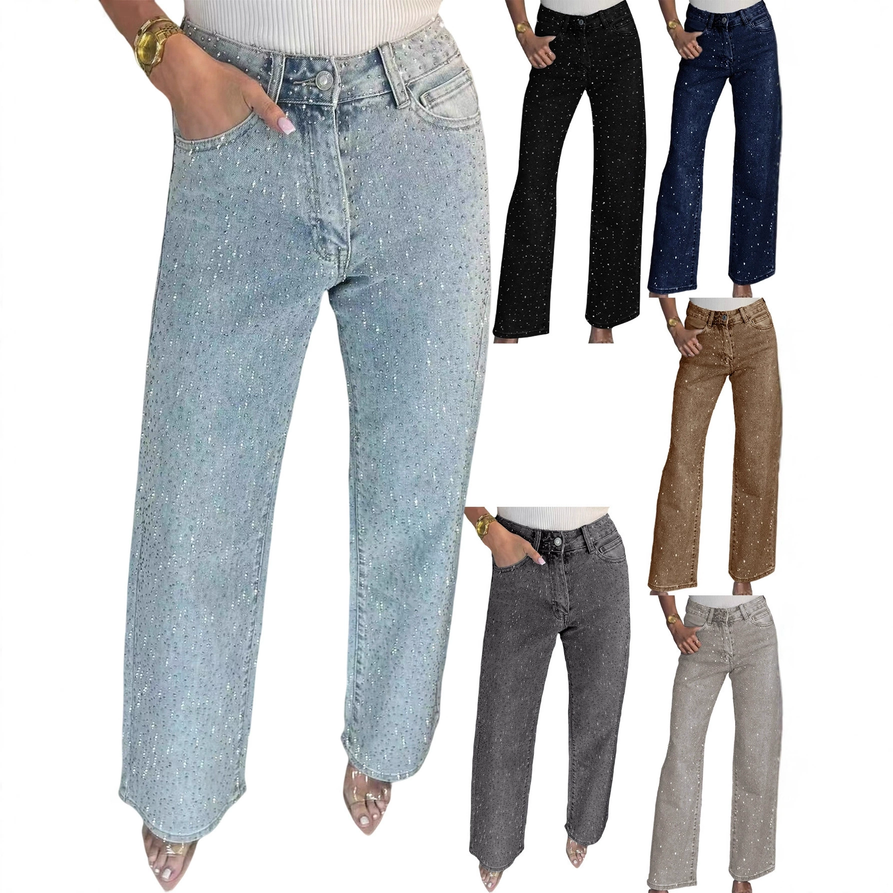 D8751 Женские джинсы с полной стразовой отделкой, высокая талия, прямые брюки, сексуальные штаны для женщин, европейский и американский стиль, для Amazon.