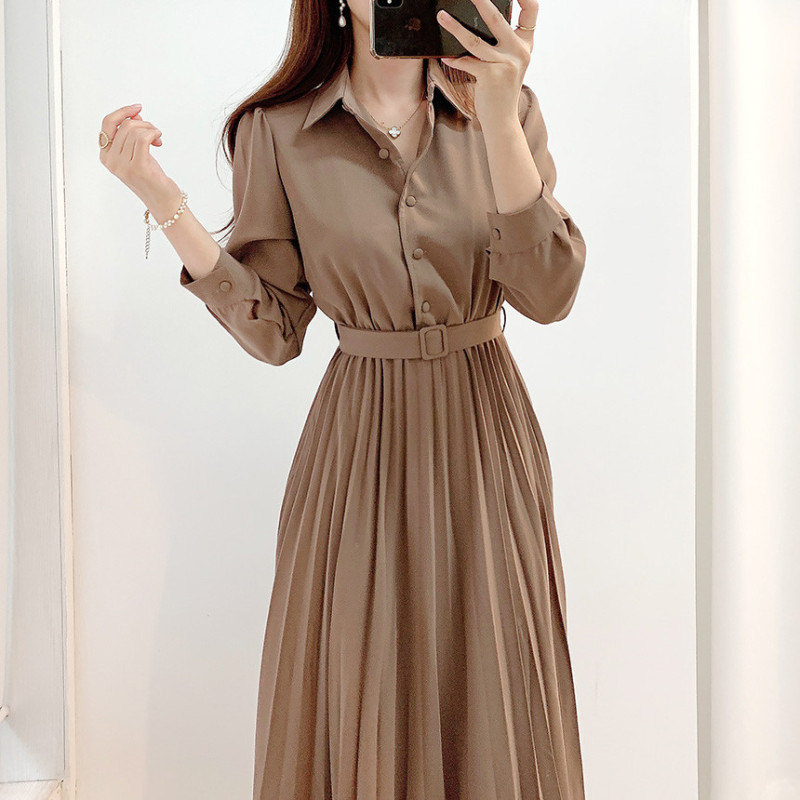 Korean chic Spring New Elegant Single-breasted Lapel Shirt Dress Tight Waist Slimming Mid-length Pleated Skirt