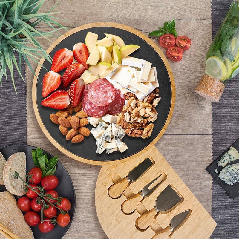 Tablero de queso de bambú multifuncional con cuchillo y tenedor tablero de corte para fiesta doméstica refrigerio de frutas jamón bandeja de bambú