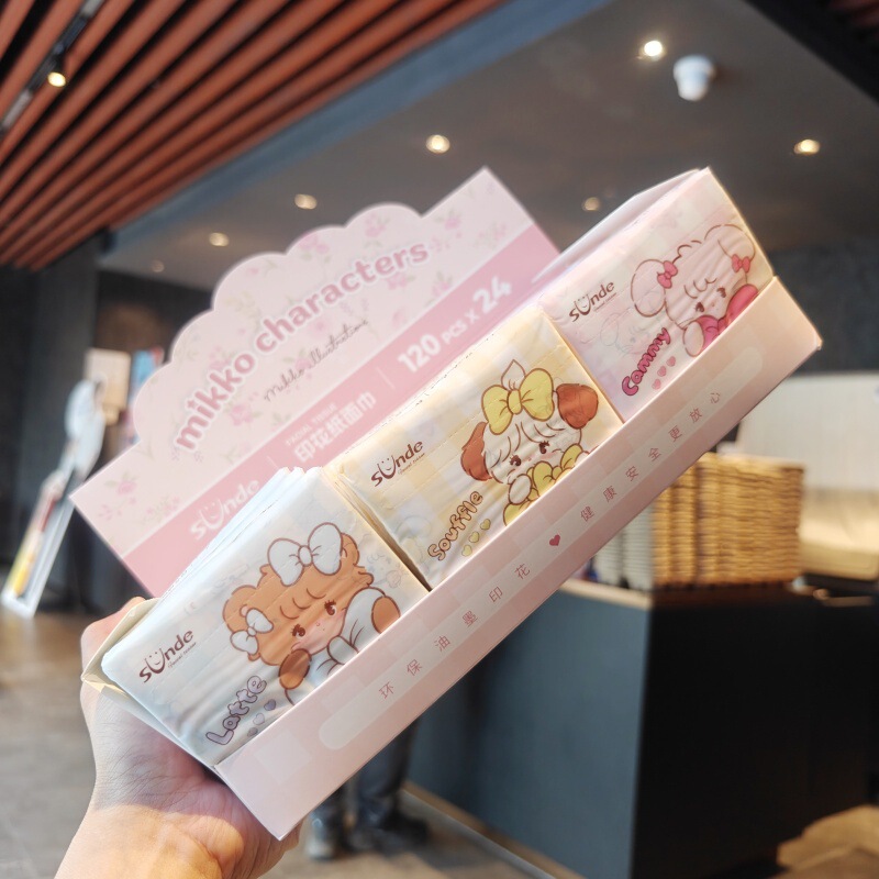 Authentic Authorized Mikko Cute Printed Tissue Facial Tissue Student Portable Napkin Four-Layer Thickeneded Wettable