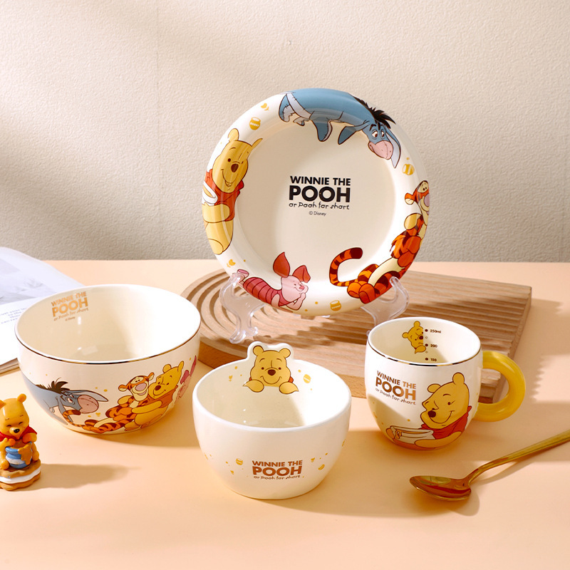 Disney Genuine Pooh New Drinking Cup Kidsren's Tableware Bowl Rice Bowl Men's and Women's High Temperature Resistant Cartoon Dinner Plate