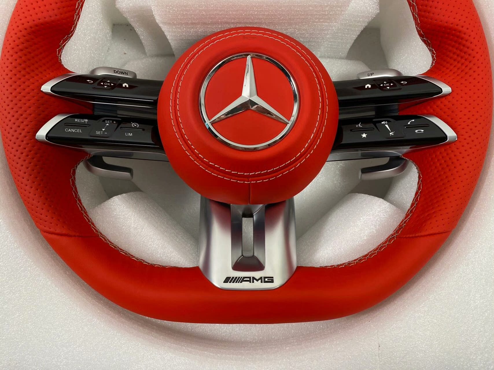 Mercedes-Benz AMG steering wheel assembly, Dragonfly flat-bottom design, red genuine leather, with full paddle shifter functionality