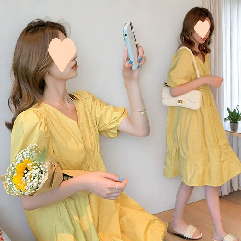 Платье для беременных с пышными рукавами, V-образным вырезом, модный летний стиль для мам, летнее платье для похудения, закрывающее живот.