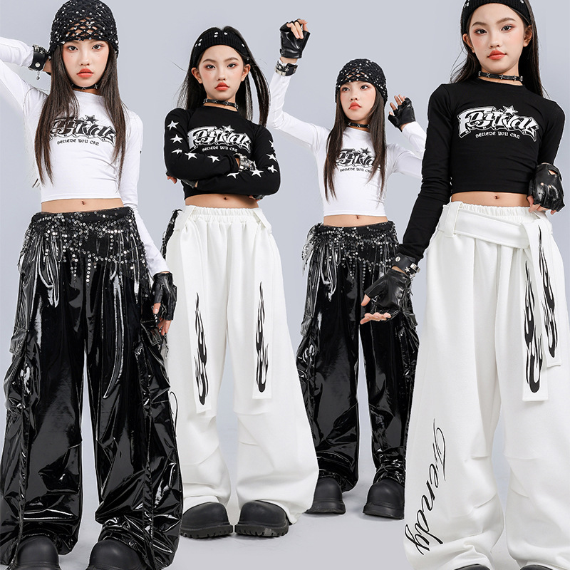 爵士舞女童服装黑白长袖演出服套装jazz儿童街舞朝服元旦表演服女